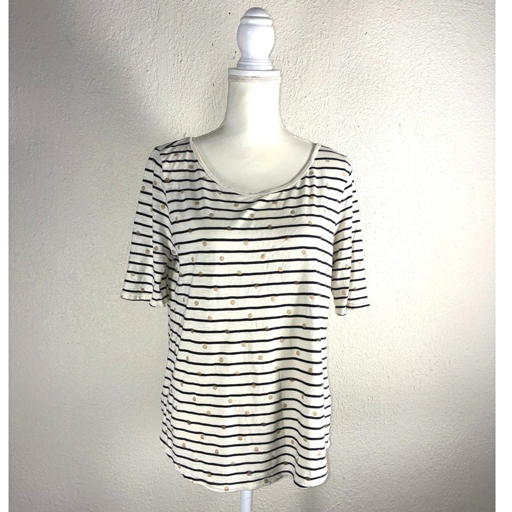 LOFT White Striped Polka Dot Top - L - Short Sleeve Scoop Neck Cotton Preppy